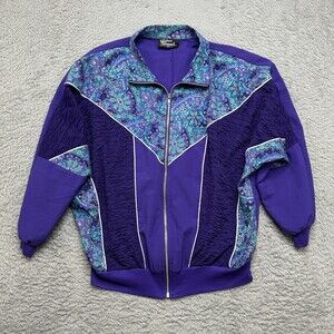 Vintage 90s Silver Threads Jacket Womens L Purple Teal Paisley Ruffle Full Zip